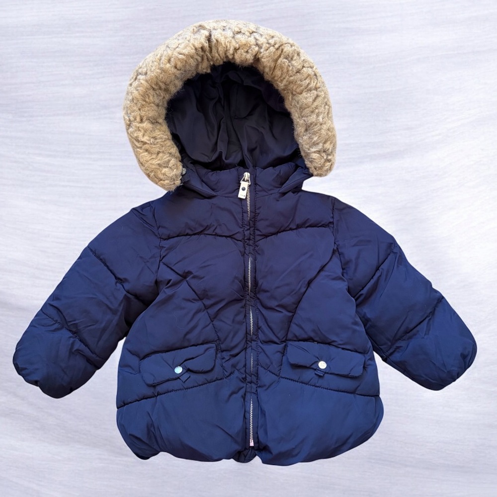 Zara Baby Puffer Lined Jacket 12-18 months Navy Blue Fur Hood Snap Pockets Coat